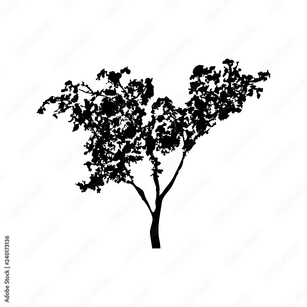 Obraz premium Green tree silhouette, handdrawn watercolor splashes, isolated on white background. Vector artistic illustration