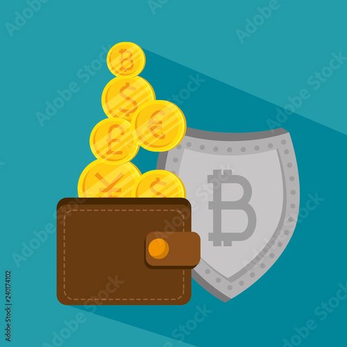 wallet with bitcoin currency and economy shield