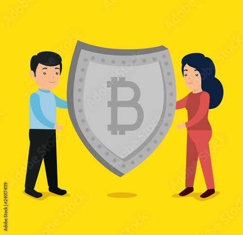 woman and man with bitcoin currency shield