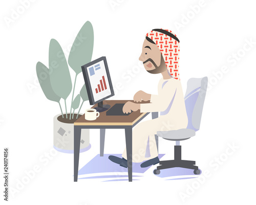 An Arabian man working on the personal computer. Modern office.Vector Illustration.