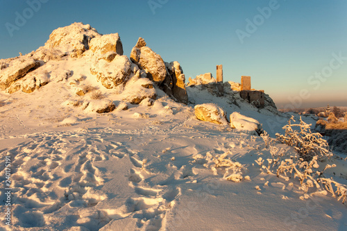 rocks and the ruins of the castle in Olsztyn in the winter, Jura Krakowsko Czestochowska region, Poland