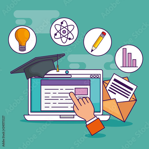 hand with laptop education technology and cap graduation