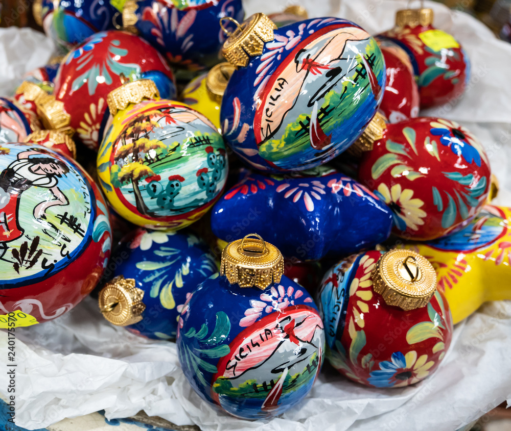 Fototapeta premium Features hand painted ceramic Christmas balls.