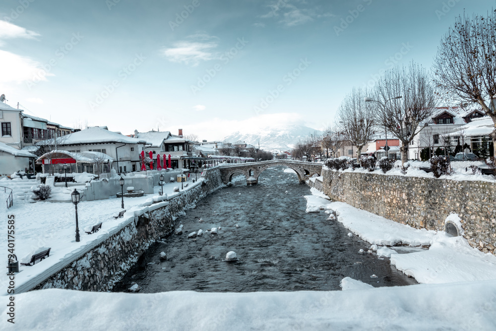 Lumbardhi river at the old city of Prizren, Kosovo in winter season at morning