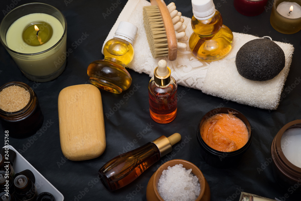 luxury Set of spa products with accessoires on black background luxury Set of spa products with accessoires on black background