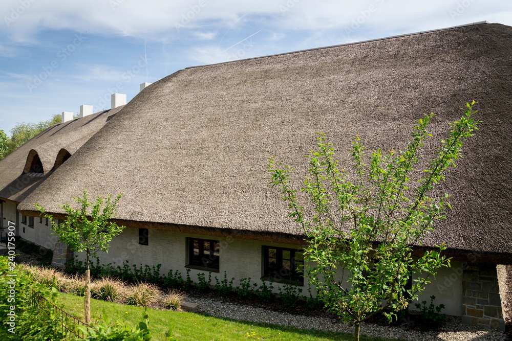Traditional thatched roof from reed, sunny summer day Traditional thatched roof from reed, sunny summer day