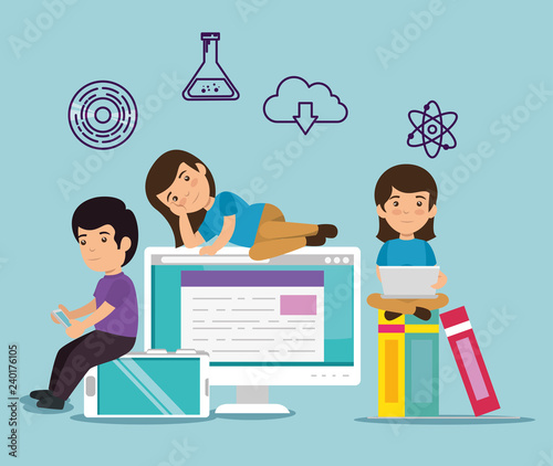 children with smartphone and computer with education books