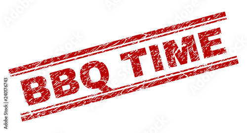 BBQ TIME seal watermark with distress texture. Red vector rubber print of BBQ TIME label with dirty texture. Text label is placed between double parallel lines.