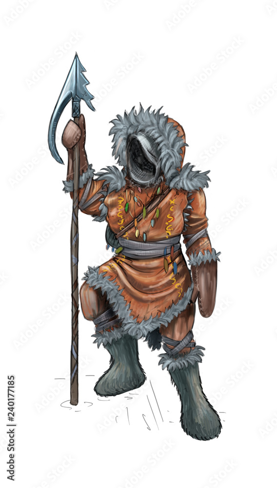 Concept art digital painting or illustration of fantasy warrior hunter in fur clothing with spear or harpoon. Concept art digital painting or illustration of fantasy warrior hunter in fur clothing with spear or harpoon.