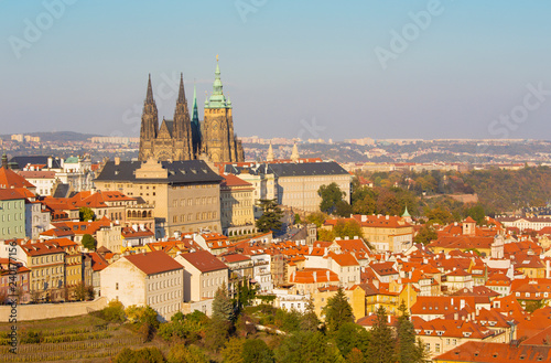 Prague - The roofs of Mala Strana with the Castle and the St. Vitus Cathedral.