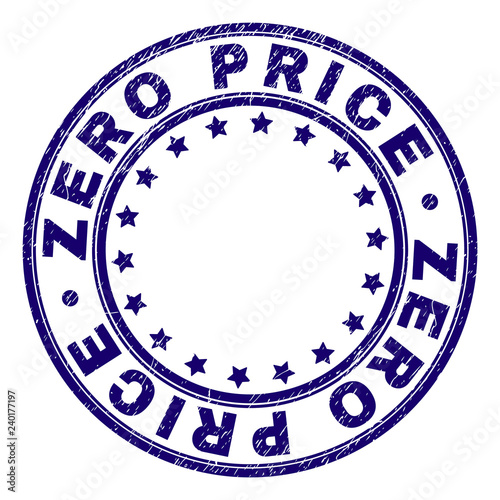 ZERO PRICE stamp seal imprint with grunge style. Designed with circles and stars. Blue vector rubber print of ZERO PRICE text with grunge texture.