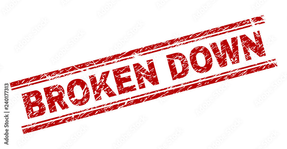 BROKEN DOWN seal print with grunge style. Red vector rubber print of BROKEN DOWN caption with grunge texture. Text tag is placed between double parallel lines. BROKEN DOWN seal print with grunge style. Red vector rubber print of BROKEN DOWN caption with grunge texture. Text tag is placed between double parallel lines.