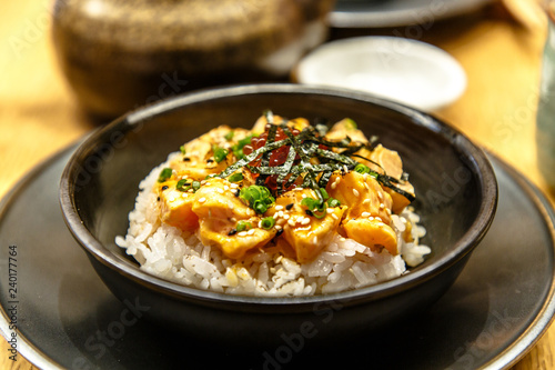 Salmon teriyaki with rice. A dish of Japanese cuisine.