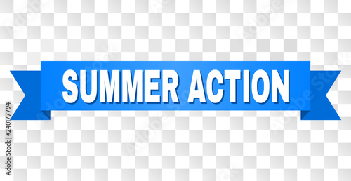 SUMMER ACTION text on a ribbon. Designed with white caption and blue tape. Vector banner with SUMMER ACTION tag on a transparent background.