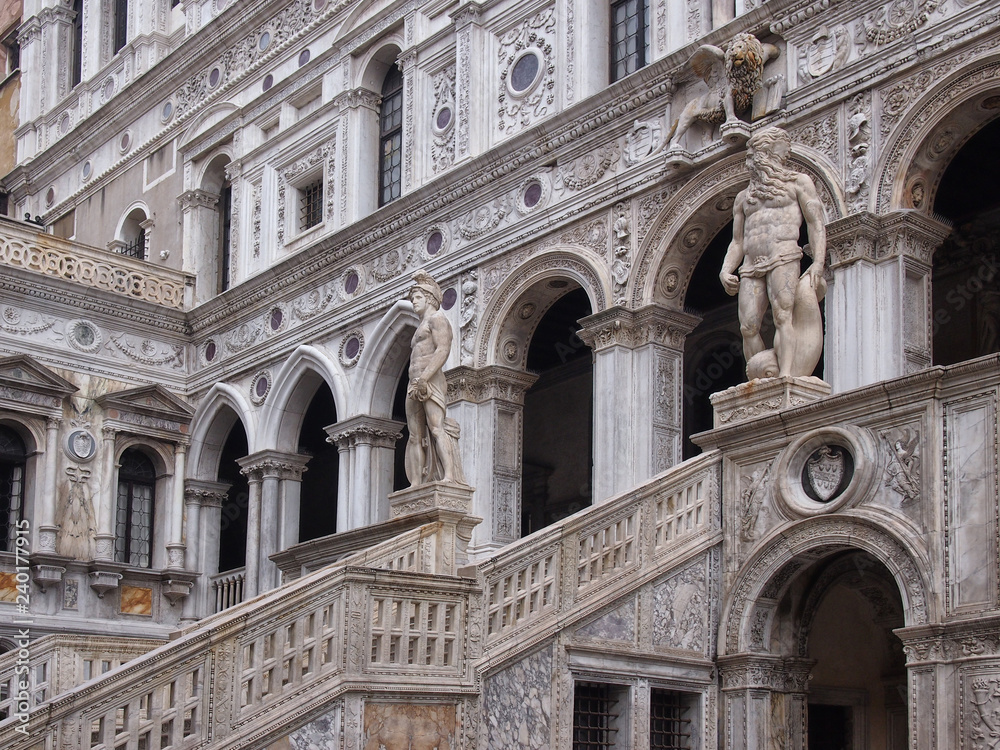 close up of the the giants staircase in the courtyard of the palazo ducale in venice italy