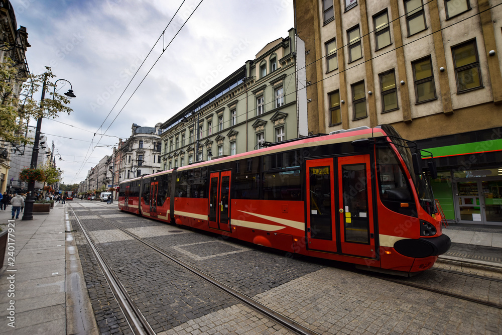 Tram on the Rynek square, the centre of Katowice