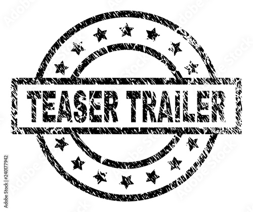 TEASER TRAILER stamp seal watermark with distress style. Designed with rectangle, circles and stars. Black vector rubber print of TEASER TRAILER tag with dirty texture.