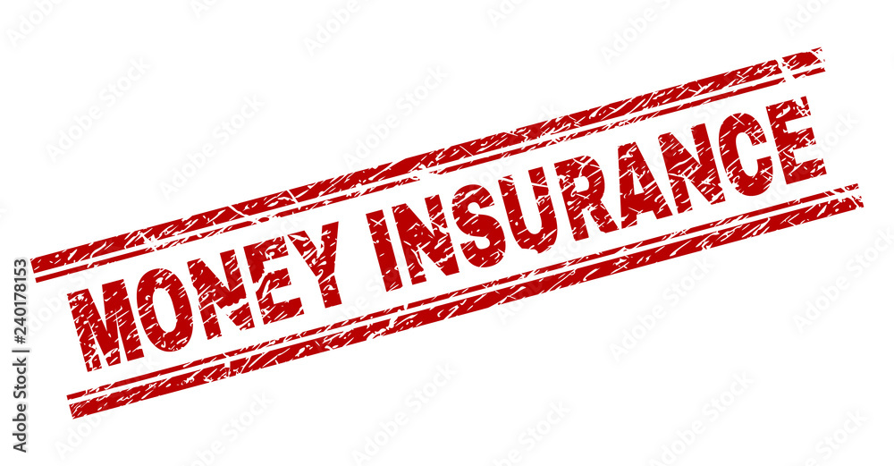 MONEY INSURANCE seal stamp with corroded texture. Red vector rubber print of MONEY INSURANCE text with corroded texture. Text title is placed between double parallel lines.
