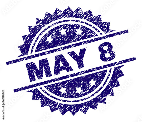 MAY 8 stamp seal watermark with distress style. Blue vector rubber print of MAY 8 label with unclean texture.