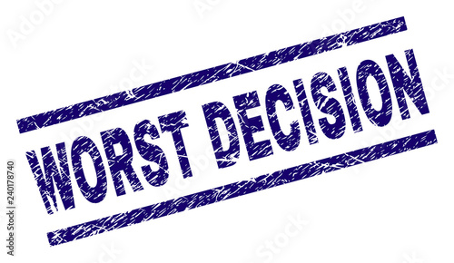 WORST DECISION seal watermark with scratced style. Blue vector rubber print of WORST DECISION tag with unclean texture. Text tag is placed between parallel lines.