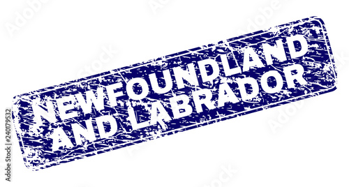 NEWFOUNDLAND AND LABRADOR stamp seal print with distress style. Seal shape is a rounded rectangle with frame. Blue vector rubber print of NEWFOUNDLAND AND LABRADOR title with corroded style.