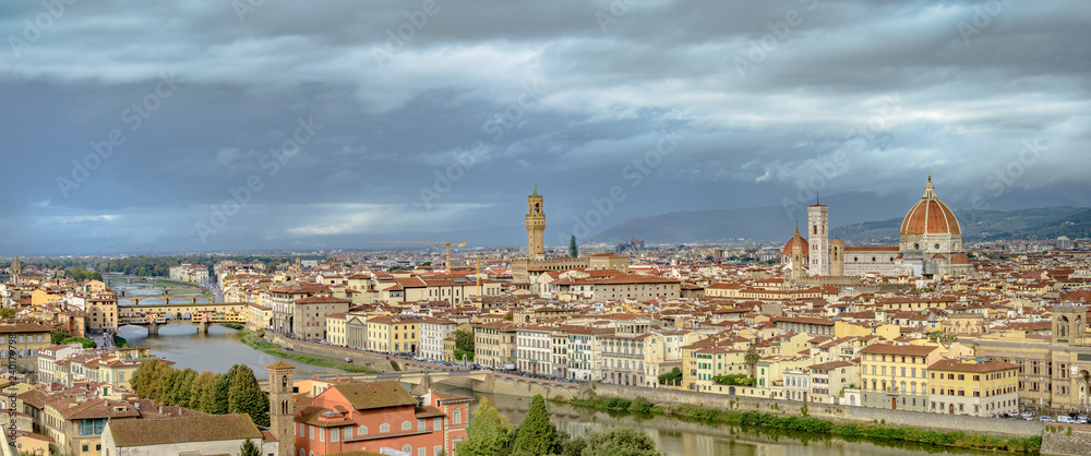 Panorama of Florence with the Ponte Vecchio, the Palazzo Vecchio, Giotto's Campanile and the Santa Maria del Fiore or Duomo.