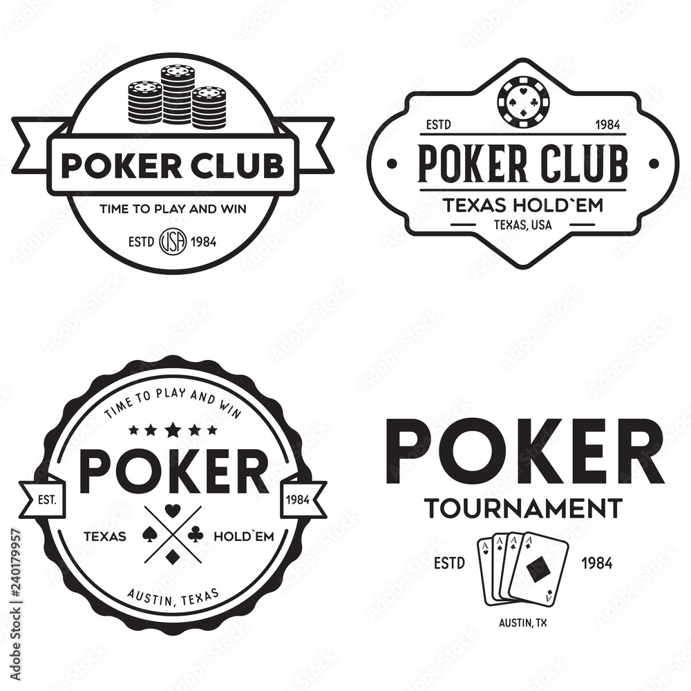 Obraz premium Poker related labels emblems badges design elements set. Texas holdem poker club tournament logotype collection.