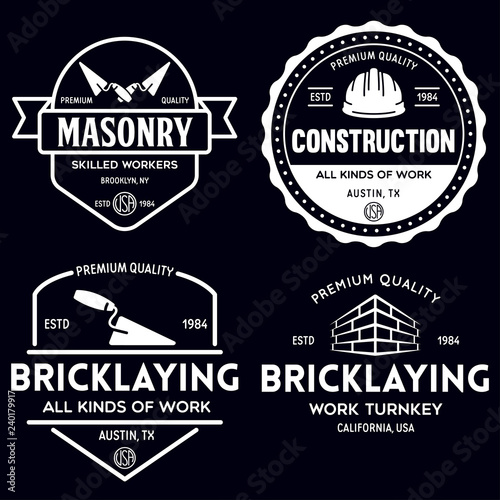 Set of vintage construction and bricklaying labels. Posters, stamps, banners and design elements. Vector illustration