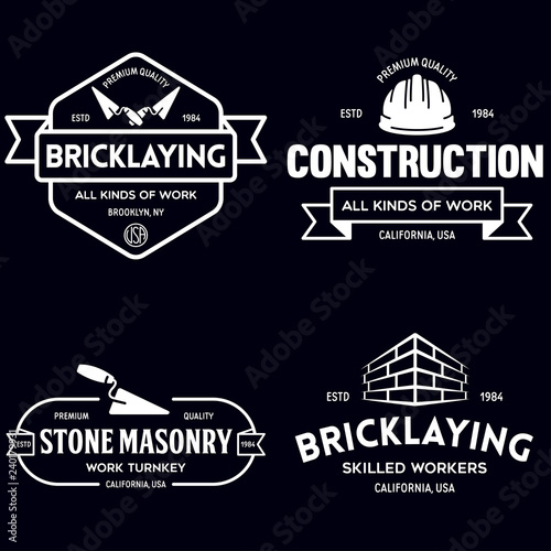 Set of vintage construction and bricklaying labels. Posters, stamps, banners and design elements. Vector illustration