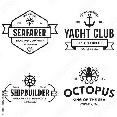 Set of sea and nautical typography badges and design elements. Templates for company logo. Marine cruise, yacht club, trading companym, shipbuilding and other themes.