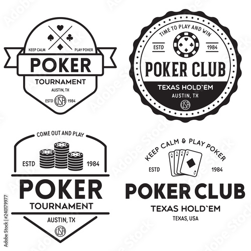 Poker related labels emblems badges design elements set. Texas holdem poker club tournament logotype collection.