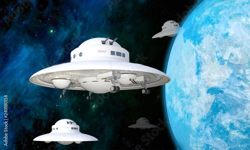 3D Illustration of a UFO Squadron Approaching Earth