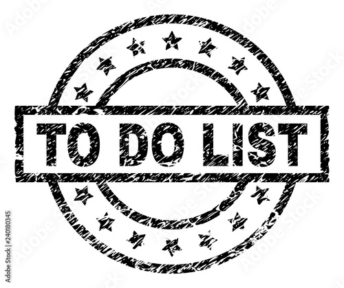 TO DO LIST stamp seal watermark with distress style. Designed with rectangle, circles and stars. Black vector rubber print of TO DO LIST title with scratched texture.