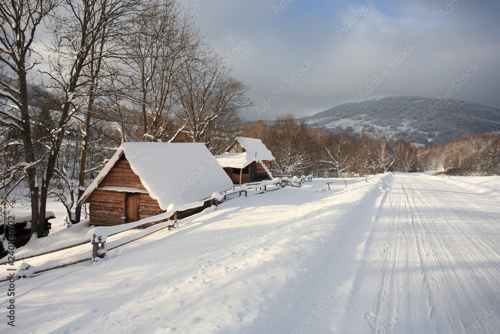 Mountain huts near Brzegi Gorne (Berehy), Bieszczady Mountains, Bieszczady National Park, Carpathians Mountains, Poland