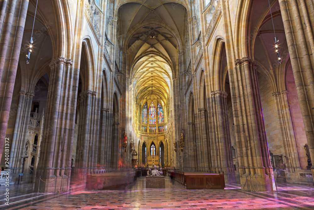 PRAGUE, CZECH REPUBLIC - OCTOBER 14, 2018: The gothic nave of St. Vitus cathedral.