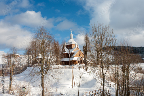 Podkarpackie region, Bieszczady Mountains, Bieszczady National Park, Carpathians Mountains, Poland - January, 2009: wooden Orthodox church in Hoszow