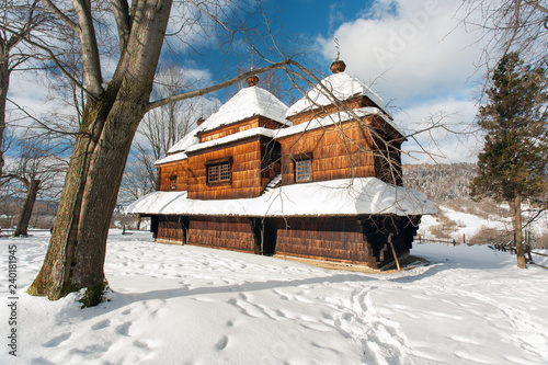 Bieszczady Mountains, Bieszczady National Park, Carpathians Mountains, Poland - January, 2009: wooden Orthodox church in Smolnik