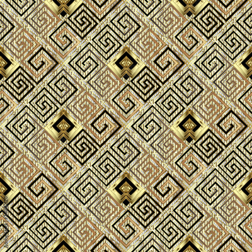 Textured gold geometric greek vector seamless pattern. Modern ornamental waffle background. Repeat rhombus backdrop. Patterned greek key meander ornament. Endless ornate texture. Trendy rich design