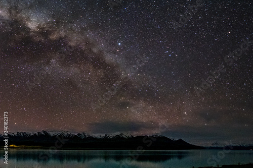 Beautiful milky way, starry night over the snow mountain at Lake Pukaki, New Zealand. High ISO Photography. photo