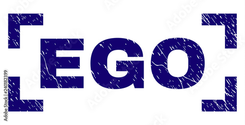 EGO tag seal print with grunge texture. Text caption is placed between corners. Blue vector rubber print of EGO with unclean texture.