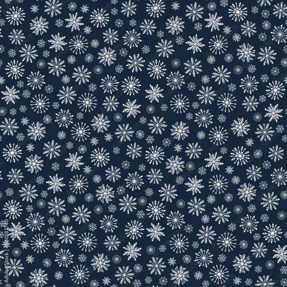 Winter blue snowdrops seamless pattern on dark background