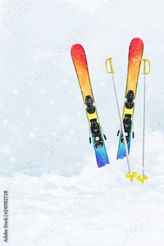 Skiing equipment in snowdrift. Ready to print greeting card, invitation card, poster, positive illustration.