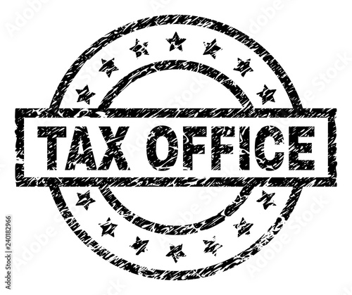 TAX OFFICE stamp seal watermark with distress style. Designed with rectangle, circles and stars. Black vector rubber print of TAX OFFICE text with corroded texture.