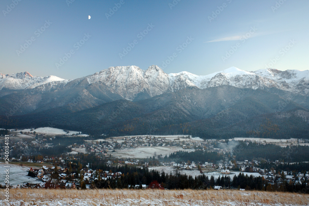 view from Koscielisko village to the Zakopane city, Giewont Mountain and Tatra Mountains, Poland