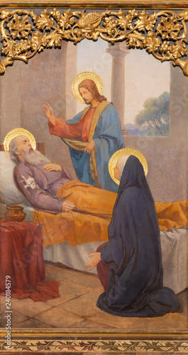 PRAGUE, CZECH REPUBLIC - OCTOBER 12, 2018: The painting of death of St. Joseph in church Bazilika svatého Petra a Pavla na Vyšehrade by S. G. Rudl (1895).