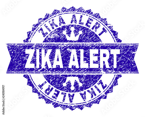 ZIKA ALERT rosette seal watermark with grunge texture. Designed with round rosette, ribbon and small crowns. Blue vector rubber watermark of ZIKA ALERT tag with dust texture.
