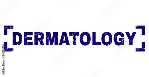 DERMATOLOGY text seal imprint with distress texture. Text label is placed between corners. Blue vector rubber print of DERMATOLOGY with dirty texture.