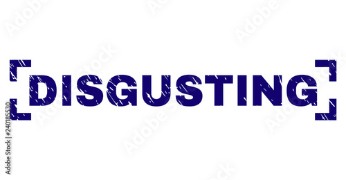 DISGUSTING title seal watermark with corroded texture. Text title is placed between corners. Blue vector rubber print of DISGUSTING with unclean texture.