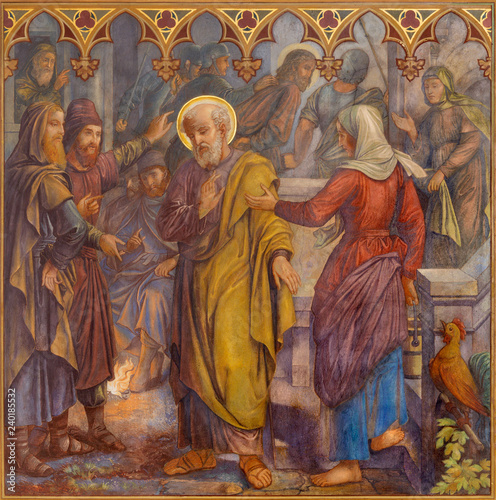 PRAGUE, CZECH REPUBLIC - OCTOBER 15, 2018: The fresco of The Peter Disowns Jesus in church Bazilika svatého Petra a Pavla na Vyšehrade by S. G. Rudl (1895).