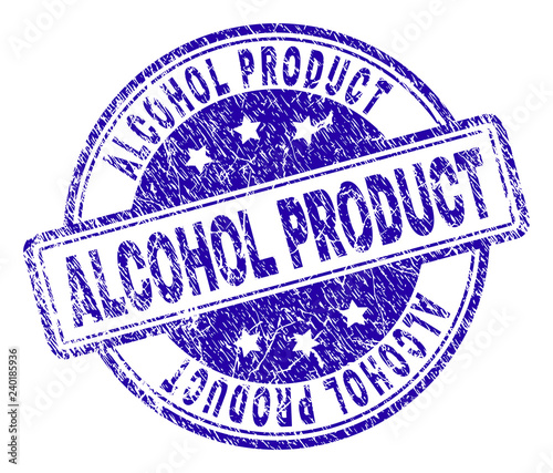 ALCOHOL PRODUCT stamp seal imprint with grunge texture. Designed with rounded rectangles and circles. Blue vector rubber print of ALCOHOL PRODUCT tag with grunge texture.